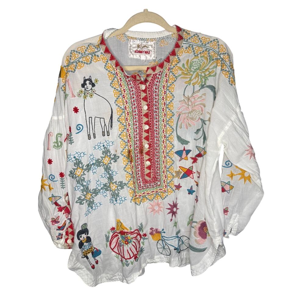 Johnny Was White Embroidered Folk Art Peasant Blouse